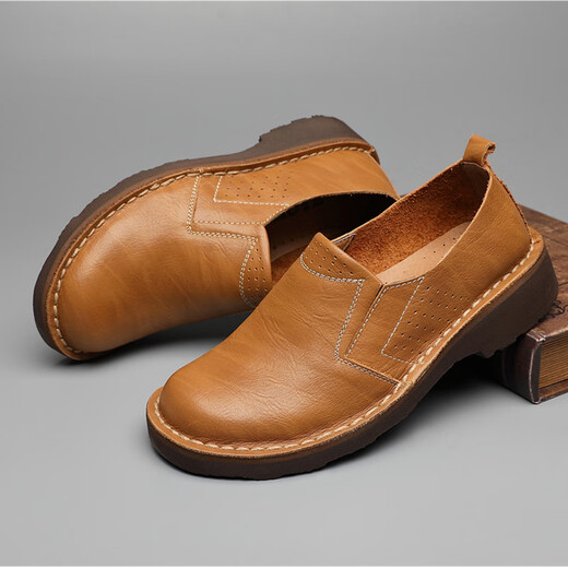Camel occidental (Vancamel) Chaussures martin à bout large respirant chaussures de travail chaussures rond Courette recouverte de la tête de vache de vache large tête grande peau chaussures grandes taille pour hommes chaussures texturées monocylonneux jaune-brun (ensemble) 41