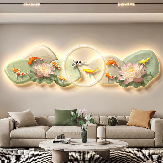 米聆九鱼图客厅沙发背景墙装饰画轻奢高级感石来运转挂新中式壁 九鱼嬉戏B暖光灯双层发光 12035cm双层UV亚克力精雕轻奢b