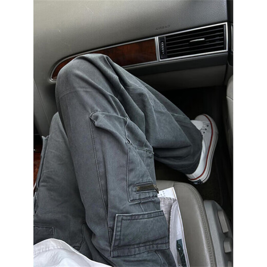 Dingyuan jeans men's spring and autumn new American high street vibe workwear multi-pocket loose straight casual long pants for men dark gray XL recommended 120-140Jin Jin equals 0.5 kg