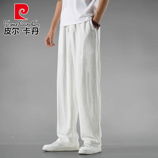 皮尔卡丹（pierre cardin）夏季中国风亚麻裤子男宽松大码休闲裤复古风透气直筒中式棉麻长裤 灰色束脚款 2XL