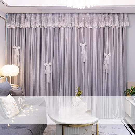 Ruiba Cream Style Curtains Blackout Beige Girly Bedroom Bay Window Double Layer Douyin Internet Celebrity Princess Style Fantasy Cloth and Gauze Integrated with Curtain Head - Not Hollow Cream Color Width 2.0*Height 2.7-Hook Type One Piece Height Adjustable