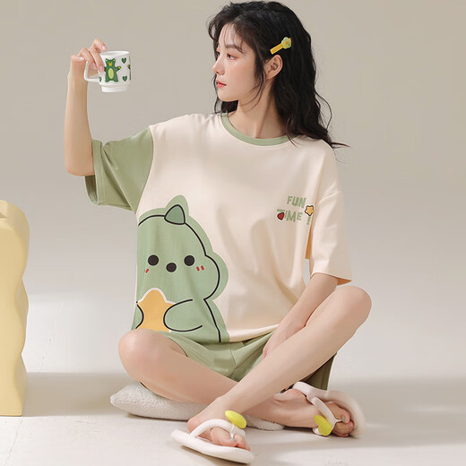 Xushansi Pyjamas Mädchen können kurzärmelige neue Cartoon süße Dinosaurier-Heimanzug 2025 679 Green Dinosaur M Empfohlen 80-90jin [Jin gleich 0,5 kg]