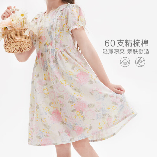 多妙屋女童夏装连衣裙纯棉洋气儿童裙子中大童公主裙 W019粉花 140 