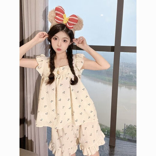 
Meidai meets the cute little cherry girl pajamas suspenders cotton linen thin 2024 new small home clothing set 841* small cherry floral set M