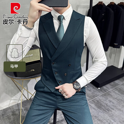 Pierre Cardin Fashion Vest Men's Suit British Slim Double Breasted Suit Vest Men's Formal Suit Collar Vest Trendy Dark Green Single Vest XL