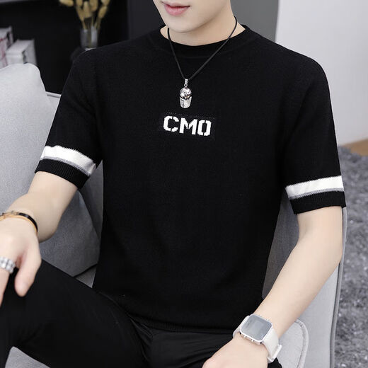 Suéter de manga corta Wanpai Mo para hombres en otoño e invernal estilo coreano estilo coreano Fit de moda y guapo base de personalidad Sweater Sweater Stripes-9901 Negro L 105-120Jin [Jin equivale a 0.5 kg]