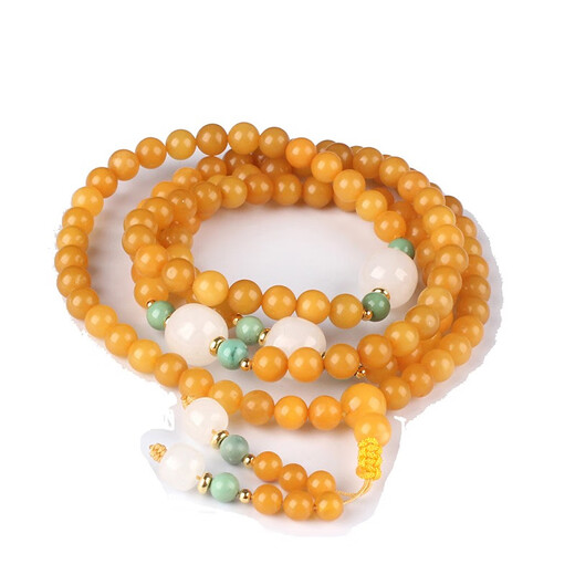 Zhenghe Jewelry Boutique Chicken Fat Yellow Beeswax Buddha Beads 108 Bracelet Original DIY Matching Turquoise and Hetian Jade 19.96g