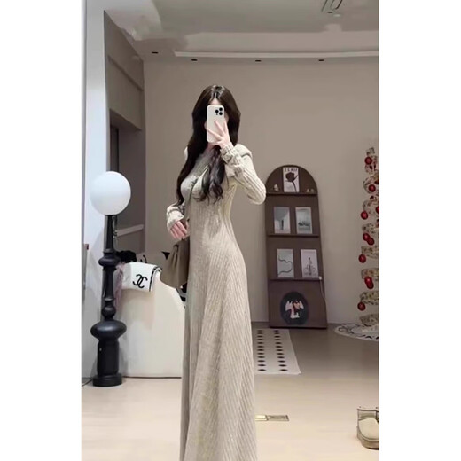 Hao'e's gentle, lazy, high-end knitted dress, spring and autumn temperament long skirt, slim waist and slimming long skirt, oatmeal color M