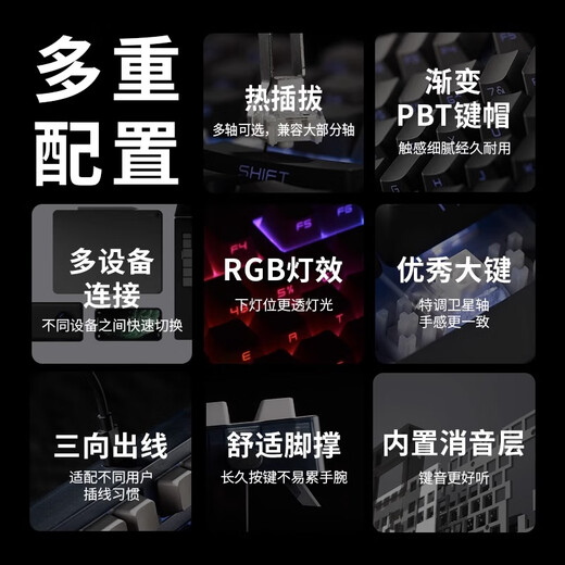 腹灵MK870鸿运当头侧刻成品无线机械键盘蝮灵客制化套件87键游戏 黑曜石单模+微尘键帽 青轴【宿友挨打轴】