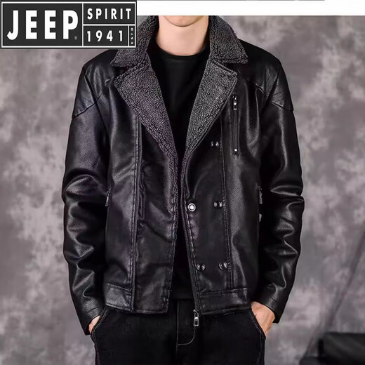 JEEP SPIRIT吉普皮衣男士加绒加厚真皮夹克2025冬季新款韩版修身休闲皮毛一体 黑色 2XL