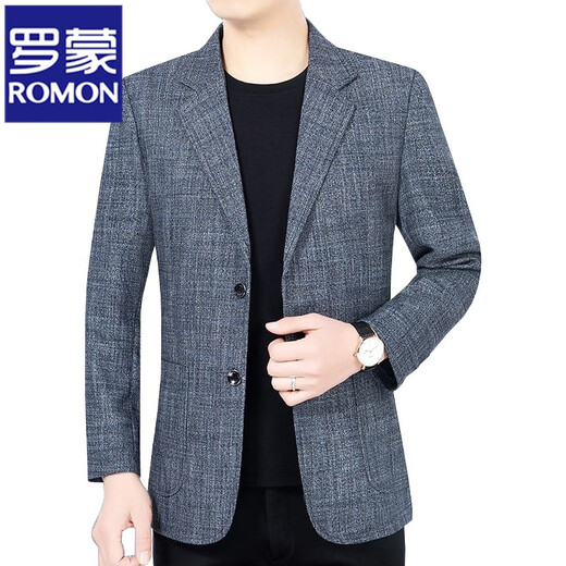 罗蒙（ROMON）春装新款中年男士西装外套爸爸装格子休闲春秋格子西服上衣服男 611灰蓝 175/L【建议120-135斤】