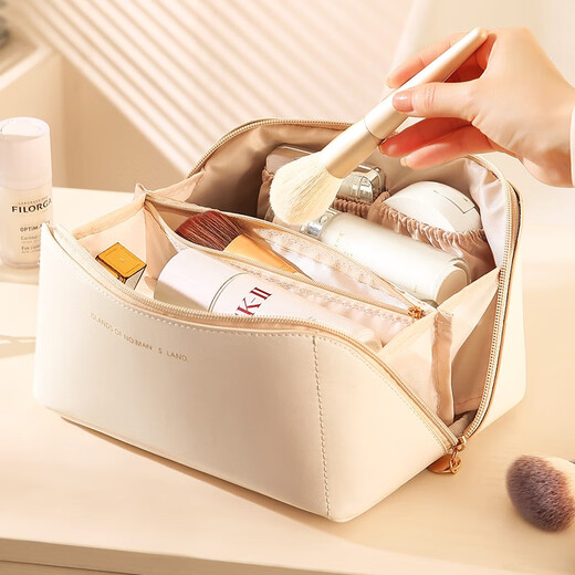 Natural House Cosmetic Bag Women's Portable Large Capacity Toiletries Bag Ins Premium Internet Celebrity Travel Cosmetics Storage Bag Milk Apricot White Cream Texture Extra Large Capacity