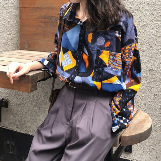 冉艺岚衬衫女春秋新款韩版宽松印花衬衣港味复古长袖衣外套 a 9712 S  收藏店铺ONG小礼物