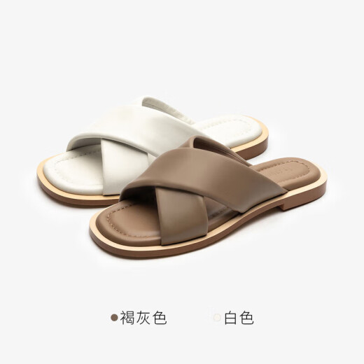 莱尔斯丹时尚休闲交叉带平跟一字拖凉拖女鞋4M12801 白色 WTK 36