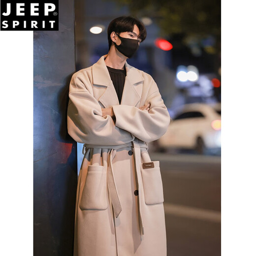 JEEP SPIRIT British style woolen coat men's mid-length winter thickened Korean style handsome high-quality over-the-knee woolen windbreaker jacket off-white XL