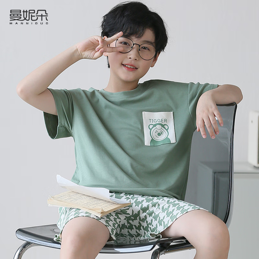 Mannido boys pajamas summer new short-sleeved boys pure cotton children big children's cotton thin youth home clothing set N6621 [double short] 175 larger version L code [115-135Jin[Jin equals 0.5 kg]]