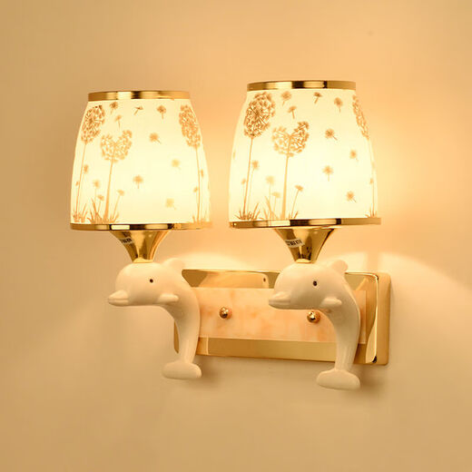 Micro wall lamp bedside lamp Nordic modern European style simple creative led American bedroom living room corridor staircase wall lamp 034 double head with pull switch-three-color LED bulb