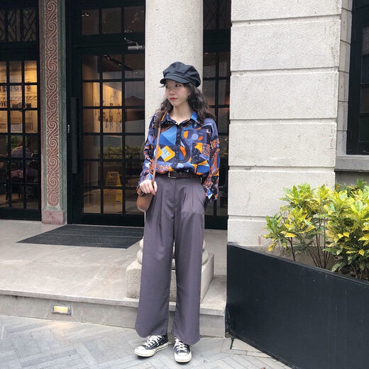 冉艺岚衬衫女春秋新款韩版宽松印花衬衣港味复古长袖衣外套 a 9712 S  收藏店铺ONG小礼物