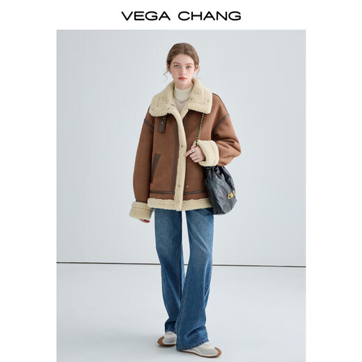 VEGA CHANG皮毛一体短外套女2024冬旷野美拉德加绒机车风大衣oversize 焦糖棕 M
