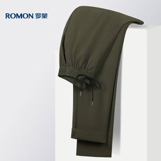 ROMON casual pants men's summer loose sports straight pants ice silk elastic nine-point pants men's clothing 718 military green M