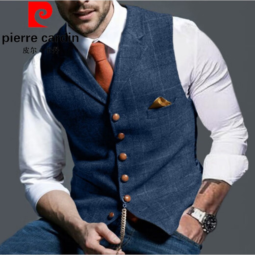 皮尔卡丹（pierre cardin）英伦复古西装马甲男粗花呢修身商务正装马夹伴郎团结婚礼服针织 无领黄色 2XL