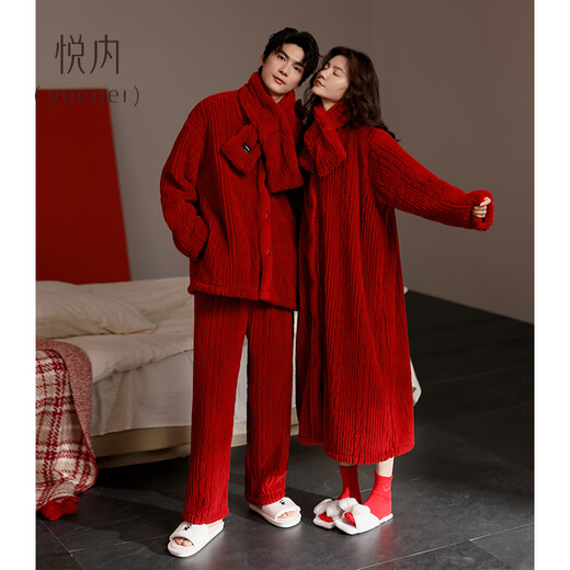 Yuenei Pajamas Wedding Newlywed Couple Set Autumn and Winter Women's Nightgown Plus Velvet Coral Velvet Home Clothes Men's Zodiac Year 34403 Retro Red With Scarf Men's L (Male 110-140 Jin Jin equals 0.5 kg / Female 110-120 Jin Jin equals 0.5 kg)