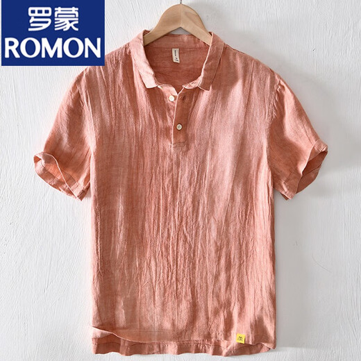 罗蒙（ROMON）中国风亚麻翻领短袖t恤男有带领麻布男装棉麻料T宽松翻领上衣服 msp-795浅蓝色 2XL