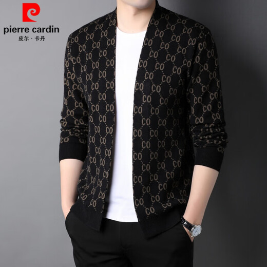 Pierre Cardin brand wool knitted cardigan men's young and middle-aged Korean style trendy fashion jacket casual handsome sweater jacket men black 2XL