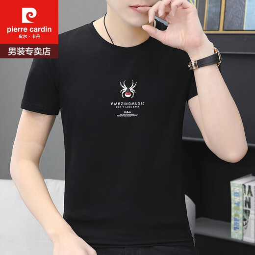 皮尔卡丹（pierre cardin）t恤男士短袖2024新款男装冰丝上衣服夏装体恤衫纯棉半袖t血圆领 Q655黑色 3XL 155-170斤