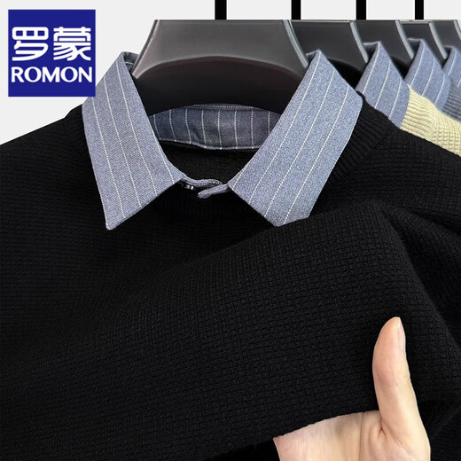 罗蒙（ROMON）假两件毛衣男秋冬季衬衫领套头毛衫中年男士保暖上衣针织打底衫潮 黑色+蓝灰 185/3XL