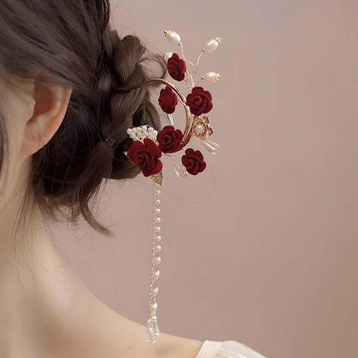 Half red rose tassel hairpin, high-end U-shaped hairpin for women, ancient style cheongsam, bride toasting dress, headdress, red rose tassel hairpin, gold