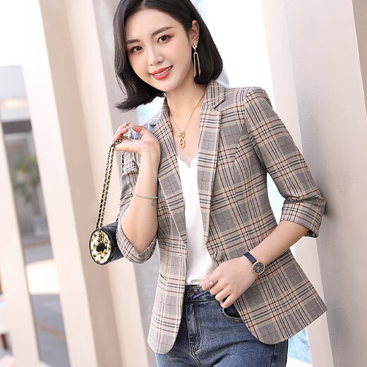 樱芭妮格子小西装外套女2025春秋新款修身显瘦小个子休闲小西服长袖上衣 8918杏格长袖 2XL （119-128斤）