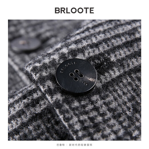 Brloote/巴鲁特大衣男中长款时尚拼接翻领格纹厚款羊毛呢子外套 冬装新品 灰色 170/92A