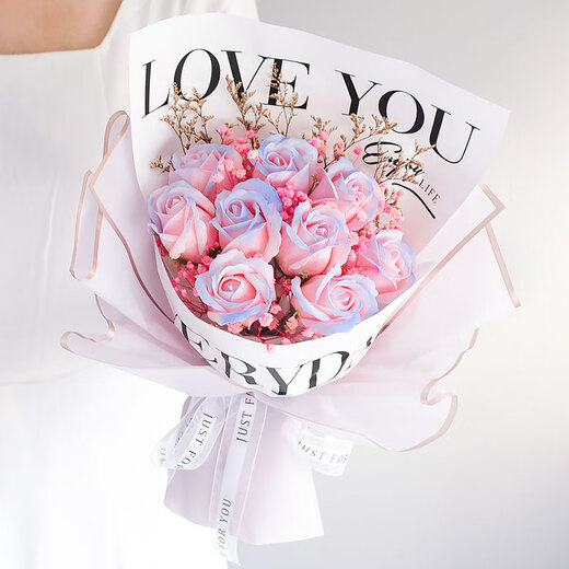 Spend time crushed ice blue rose dried bouquet immortal flower artificial flower for girlfriend to express love 214 Valentine's Day birthday gift blue and pink gradient + lamp + gift bag + greeting card