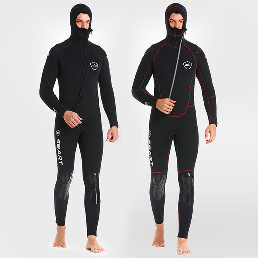 SBART 5MM hooded wetsuit for men, thickened, professional cold-proof and warm, deep diving, fishing, hunting, snorkeling and surfing clothing, winter swimsuit 1528 black hooded 5MM L (65-75KG)
