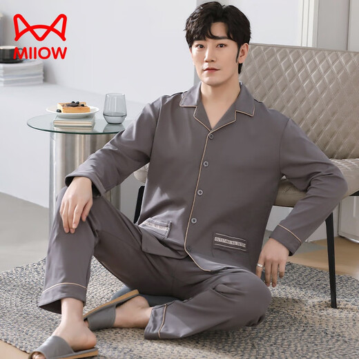 Chat man (miiow) hommes purs. Pajamas de coton à longues manches à manches à manches longues et en automne Le costume mince de grande taille peut être porté à l'extérieur pour les vêtements de maison pour hommes MZ-3523 L120-140Jin [Jin est égal à 0,5 kg]]]