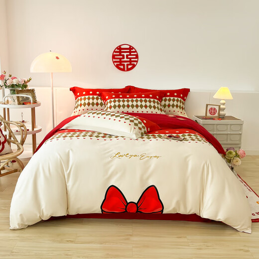 2023 new digital printed wedding washing cotton series four-piece set Chinese wedding quilt cover wedding bedding romantic wedding 1.5m bed sheet four-piece set