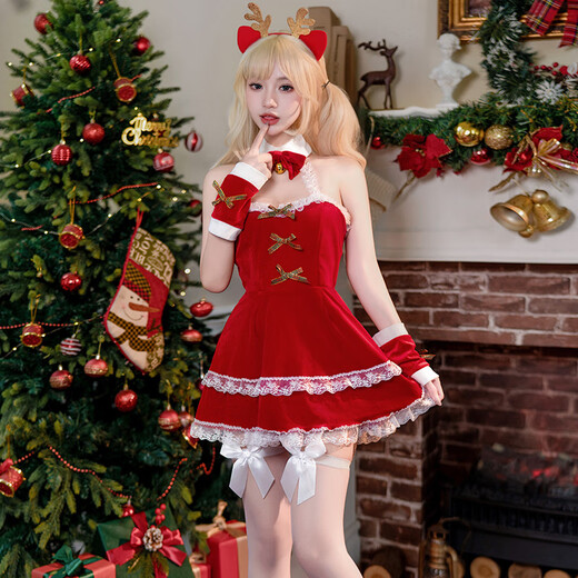 Shantoulin Village Christmas and New Year Battle Jacket Uniform Set Free from taking off the bed Shame Sexy Pajamas Couple Exciting Cherry Red Pure Sexy Hip Skirt 6198 Sling Skirt + All size Privacy confidentiality Buy 2 pieces at 20% off