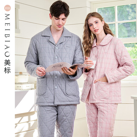 American Standard's new couple's three-layer quilted thermal pajamas for women, winter all-cotton quilted padded clothes, plaid can be worn outside, home clothes for men, Taro powder L
