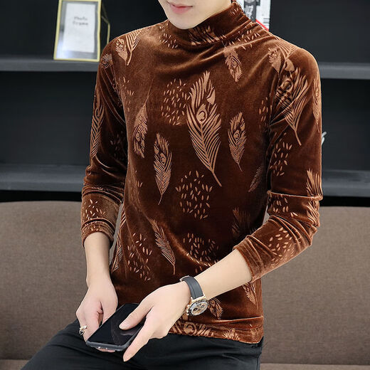 
NUKM gold velvet men's long-sleeved T-shirt in autumn and winter half-high neck base shirt trendy and handsome trendy warmth plus velvet thickened trend 691 swallow brown plus velvet 3XL 150-170Jin [Jin equals 0.5 kg]