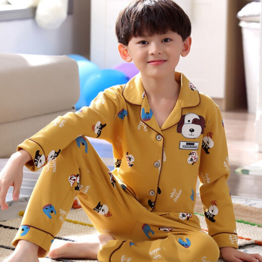 冉艺岚胖男孩睡衣中大童岁长裤秋冬季款棉长袖卡通男童套装 11165#黄色狗狗 均码  中童版L 165/108斤