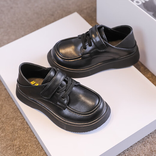 Lurang Song Children's Leather Shoes for Boys and Girls Performance Shoes British Style Velcro Loafers Spring and Summer Children's Shoes Black Velvet Size 31 Inner Length 19.3cm