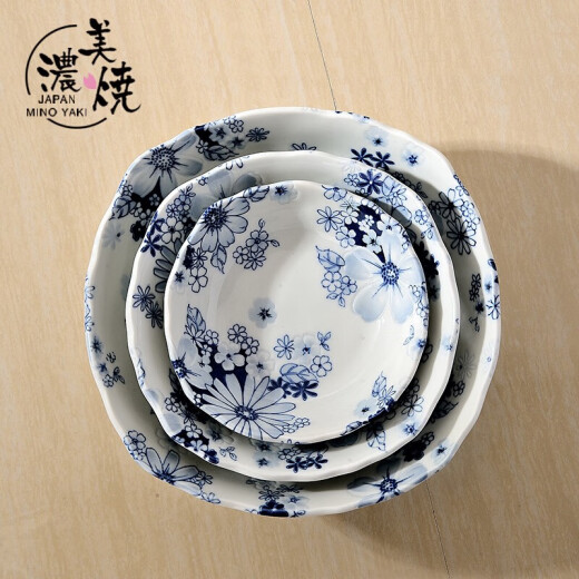 Mino-yaki Japanese tableware imported blue and white relief soup bowl hand-painted bowl sushi household rice bowl flower set series HT-18 deep plate [16.5CM*4.0CM]