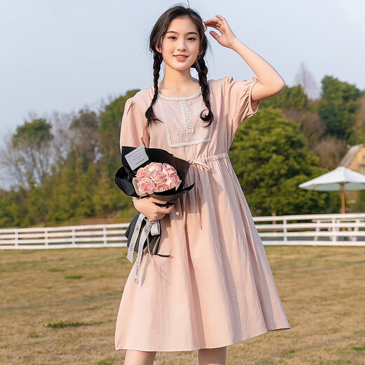 方糖姑娘高初中生少女连衣裙中大童洋气时尚宽松裙子2025新款学生公主裙 5012DYR粉色 XXL