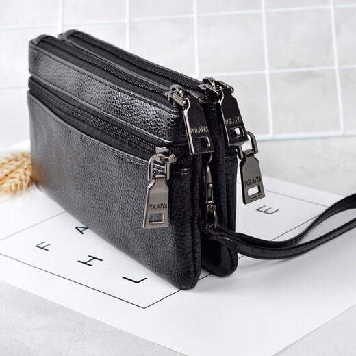 Pitian clutch soft leather four zipper double-layer wallet bag women's fashion trendy large-capacity change key mobile phone black