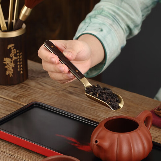 Jiutang Tea Ceremony Six Gentlemen Set Kung Fu Tea Set Accessories Tea Clips Tea Knives Tea Spoons Cups and Forks Pot Keeping Pen Tea Making Tools and Supplies Lan - Copper and Wood Six Gentlemen (Copper and Wood Accessories)