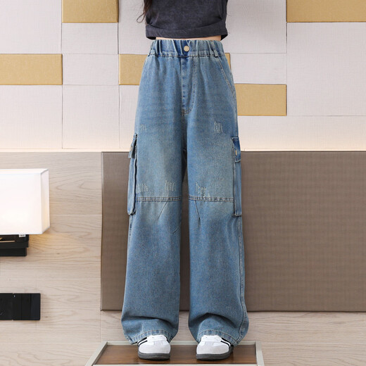 Yoyo one (Yoyo one) girls jeans spring and autumn children 2025 new work suit straight pants big children junior high school students spring wide-leg pants 13062 blue 120 120cm