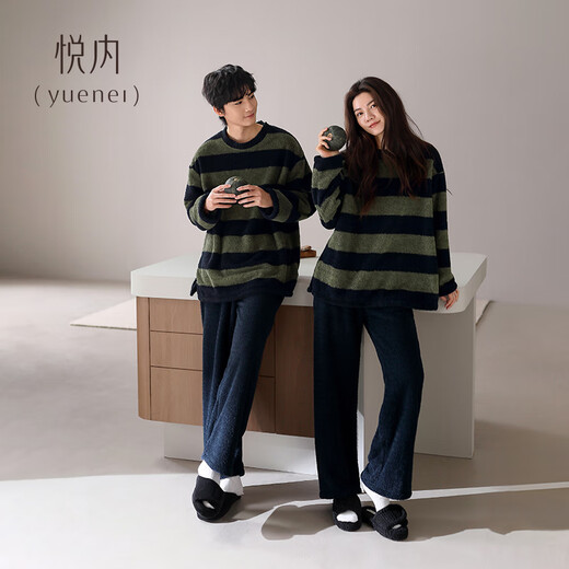 Yuenei Half Velvet Couple Pajamas Women's Autumn and Winter Coral Velvet Plus Velvet Thickened Warm Home Clothing Men's Suit 24376 Dark Green Pattern Women's XL (Male 140-160 Jin Jin equals 0.5 kg / Female 120-140 Jin Jin equals 0.5 kg)