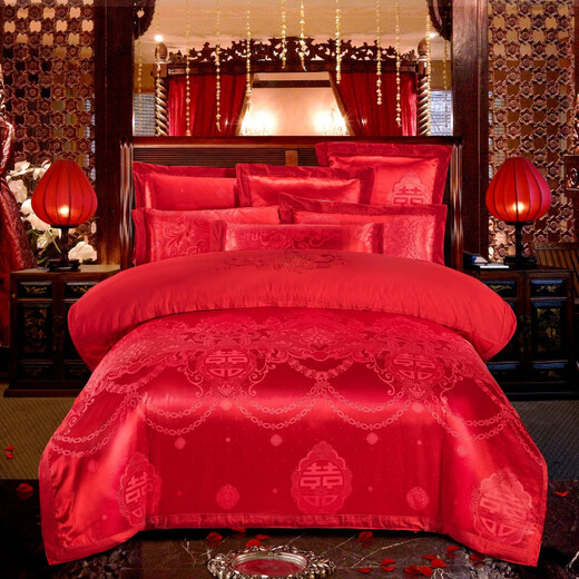 A gagné Ji Mariage à quatre pièces Big Red Litting Redding Nivelyweds Tribute Satin Jacquard Mariage de mariage Couverture de courtepointe 4 pièces lin lin pur coton entier coton blues romantique 1,5 m (Couverture de courtepointe 200 * 230)