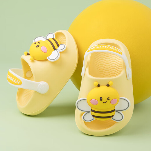 Little Deer Mili Children's Slippers Summer Girls Baby Toddlers Home Indoor Non-slip Soft Sole Lightweight Cartoon Boys Hole Shoes Little Bee Single Layer Milky Yellow 140mm Inner Length 14. Recommended foot length 13.5